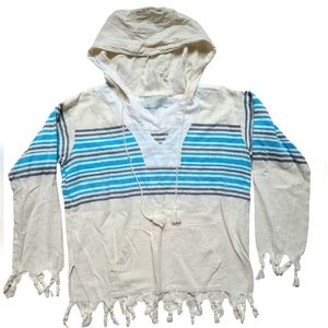 House Of Woo Beach Hoodie Pullover Blue Cream Striped Fringe Womens Size MEDIUM